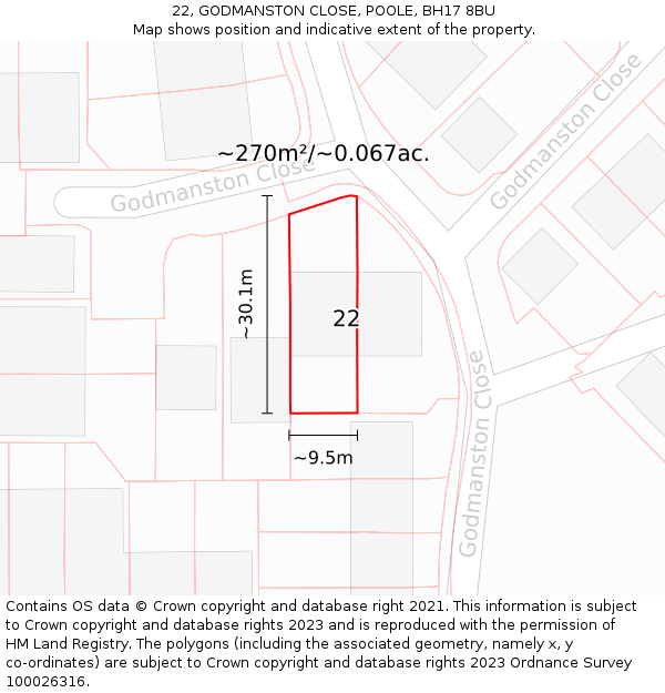 22, GODMANSTON CLOSE, POOLE, BH17 8BU: Plot and title map