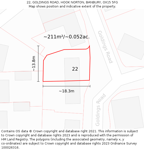 22, GOLDINGS ROAD, HOOK NORTON, BANBURY, OX15 5FG: Plot and title map