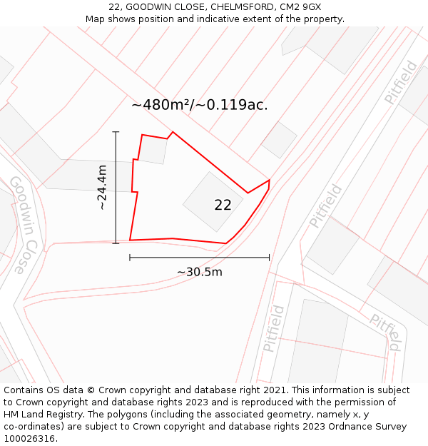 22, GOODWIN CLOSE, CHELMSFORD, CM2 9GX: Plot and title map