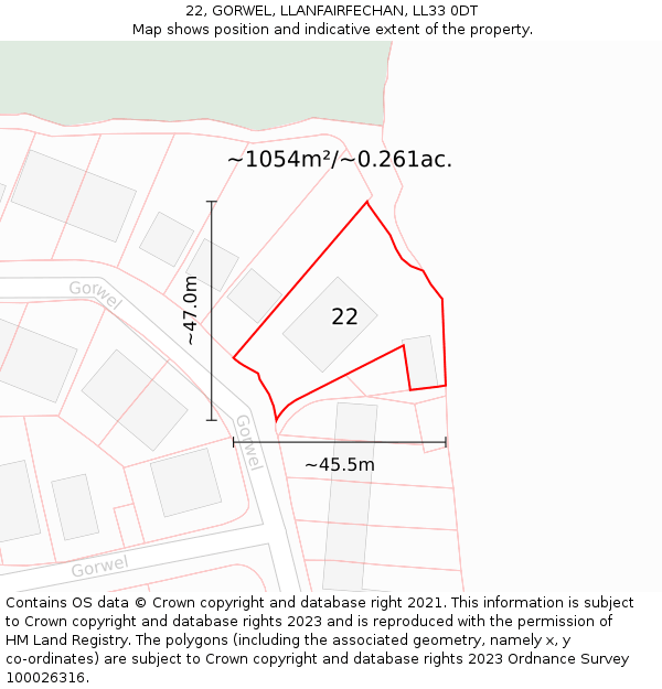 22, GORWEL, LLANFAIRFECHAN, LL33 0DT: Plot and title map