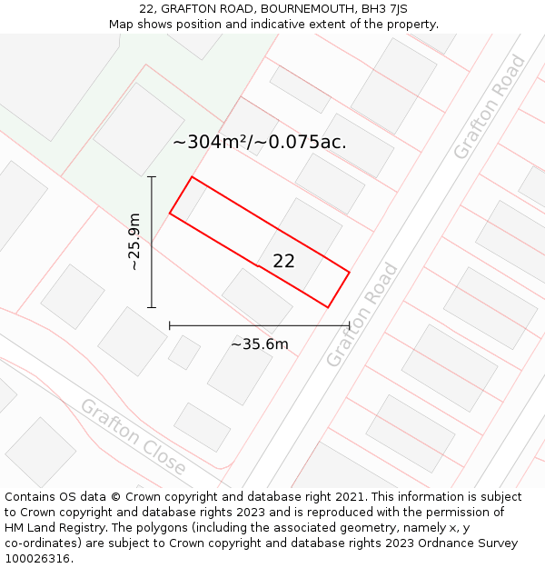 22, GRAFTON ROAD, BOURNEMOUTH, BH3 7JS: Plot and title map