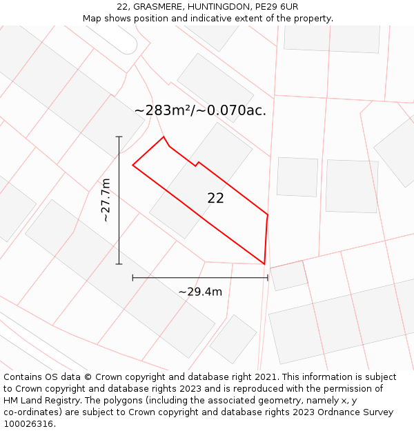 22, GRASMERE, HUNTINGDON, PE29 6UR: Plot and title map