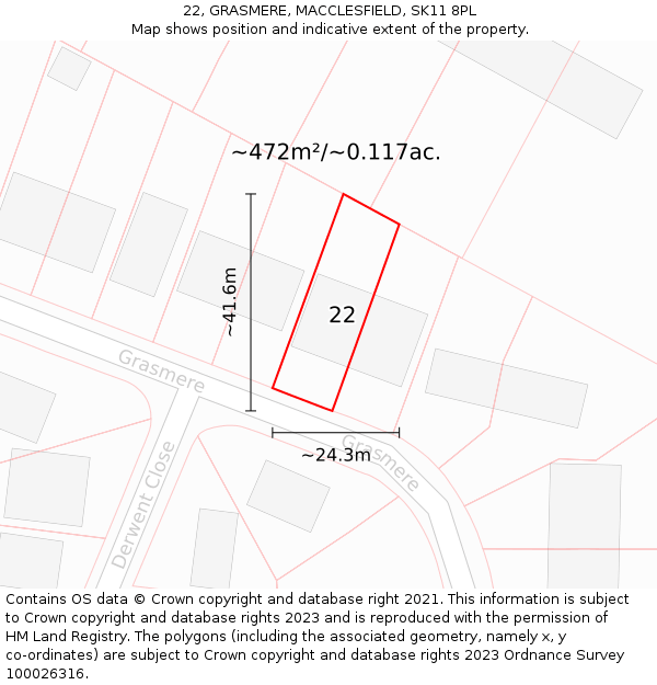 22, GRASMERE, MACCLESFIELD, SK11 8PL: Plot and title map