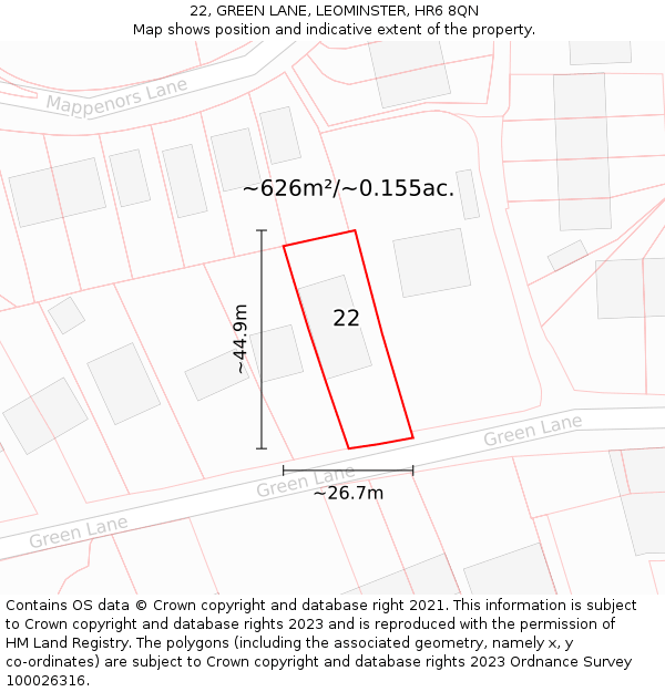 22, GREEN LANE, LEOMINSTER, HR6 8QN: Plot and title map