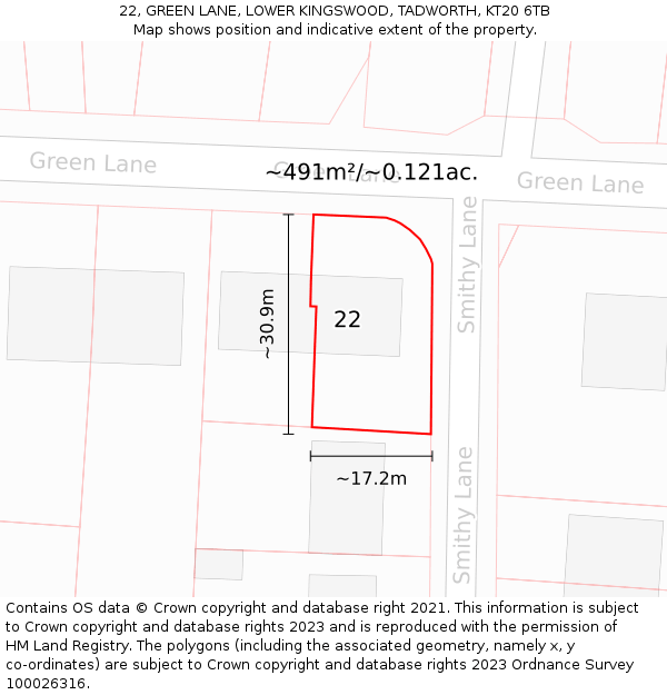 22, GREEN LANE, LOWER KINGSWOOD, TADWORTH, KT20 6TB: Plot and title map