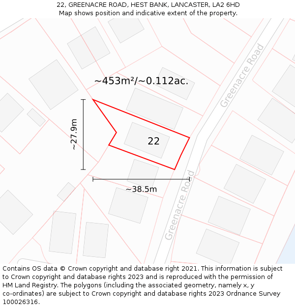 22, GREENACRE ROAD, HEST BANK, LANCASTER, LA2 6HD: Plot and title map