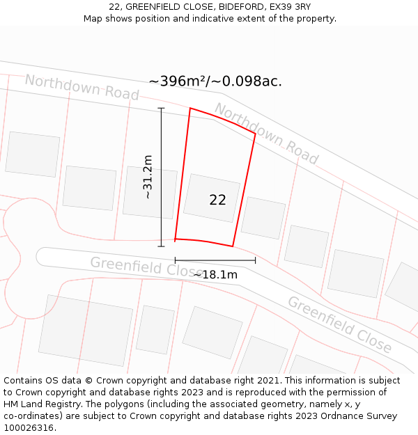 22, GREENFIELD CLOSE, BIDEFORD, EX39 3RY: Plot and title map