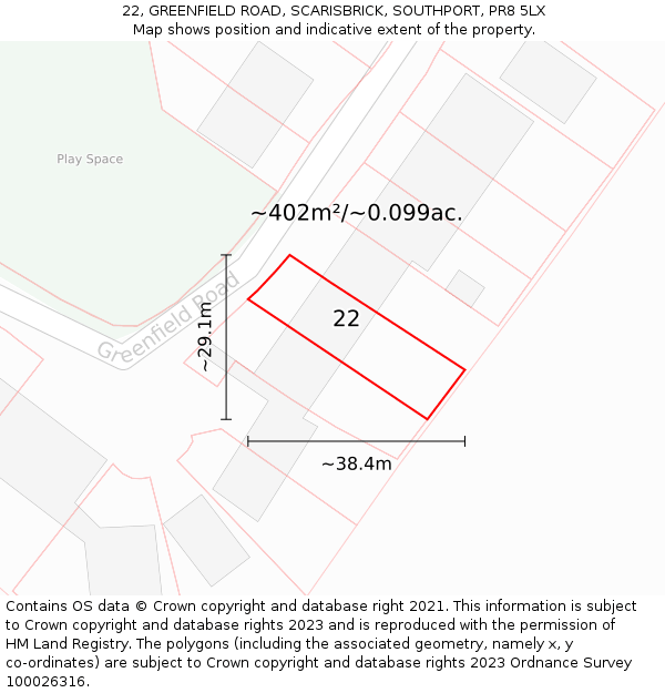 22, GREENFIELD ROAD, SCARISBRICK, SOUTHPORT, PR8 5LX: Plot and title map