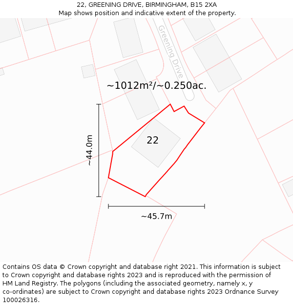 22, GREENING DRIVE, BIRMINGHAM, B15 2XA: Plot and title map