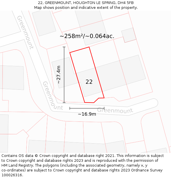 22, GREENMOUNT, HOUGHTON LE SPRING, DH4 5FB: Plot and title map