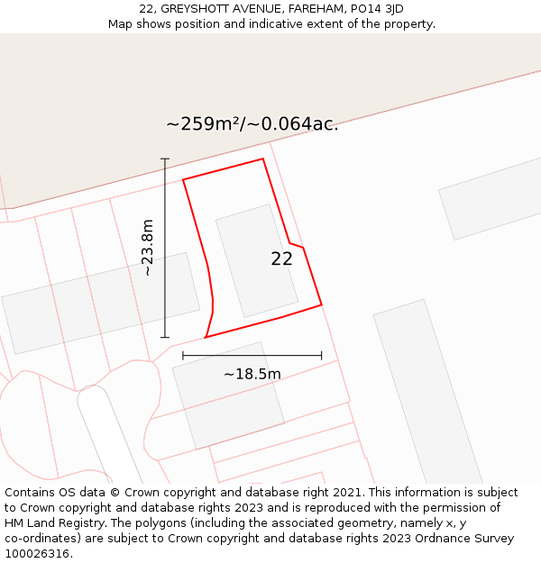 22, GREYSHOTT AVENUE, FAREHAM, PO14 3JD: Plot and title map