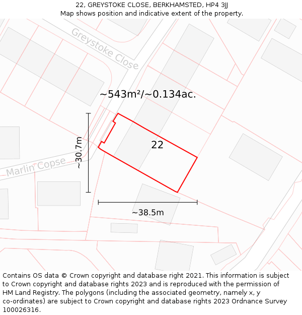 22, GREYSTOKE CLOSE, BERKHAMSTED, HP4 3JJ: Plot and title map