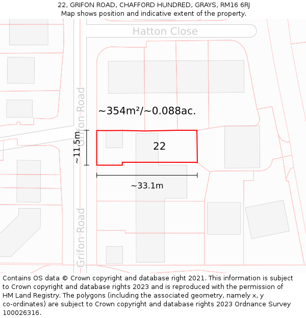 22, GRIFON ROAD, CHAFFORD HUNDRED, GRAYS, RM16 6RJ: Plot and title map