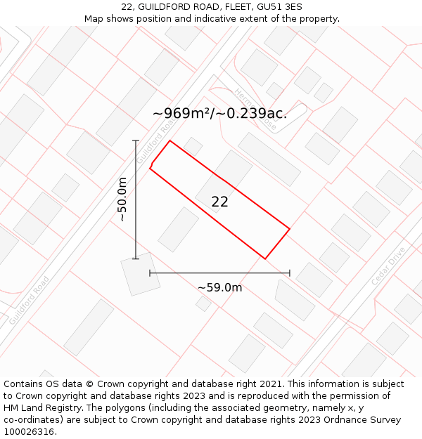 22, GUILDFORD ROAD, FLEET, GU51 3ES: Plot and title map