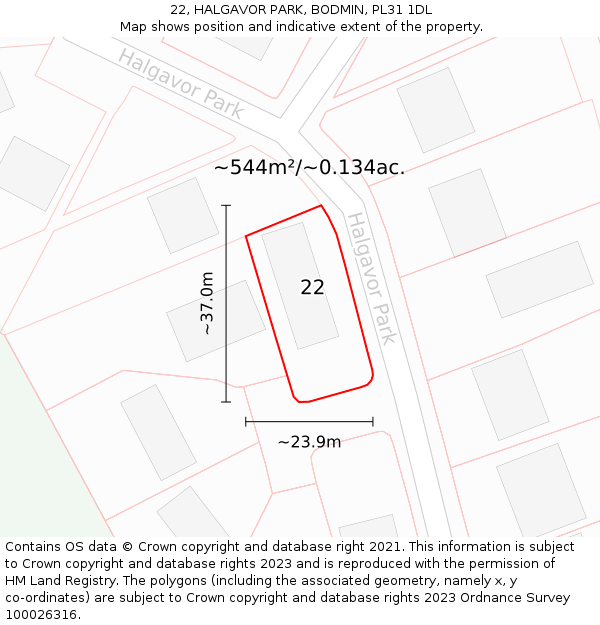 22, HALGAVOR PARK, BODMIN, PL31 1DL: Plot and title map