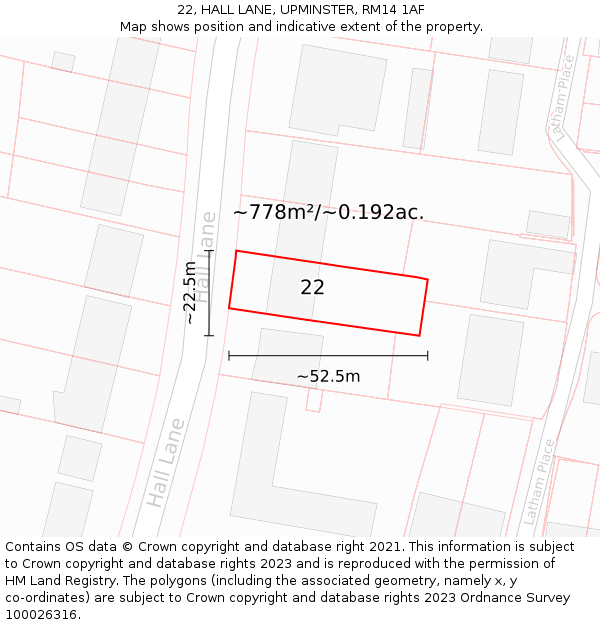 22, HALL LANE, UPMINSTER, RM14 1AF: Plot and title map