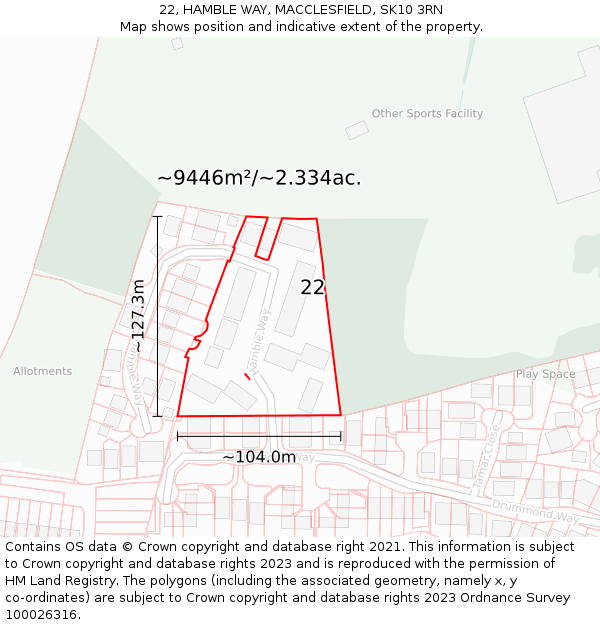 22, HAMBLE WAY, MACCLESFIELD, SK10 3RN: Plot and title map