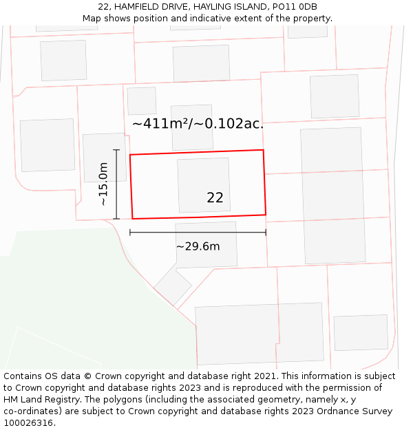 22, HAMFIELD DRIVE, HAYLING ISLAND, PO11 0DB: Plot and title map