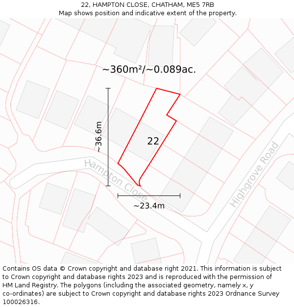 22, HAMPTON CLOSE, CHATHAM, ME5 7RB: Plot and title map