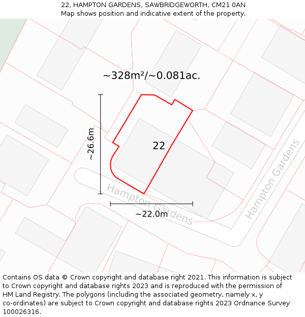 22, HAMPTON GARDENS, SAWBRIDGEWORTH, CM21 0AN: Plot and title map