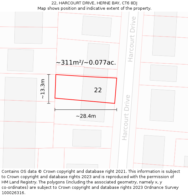 22, HARCOURT DRIVE, HERNE BAY, CT6 8DJ: Plot and title map