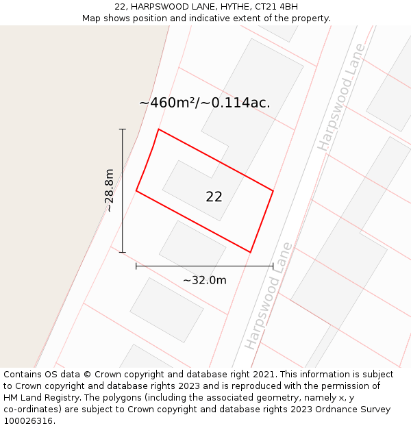 22, HARPSWOOD LANE, HYTHE, CT21 4BH: Plot and title map