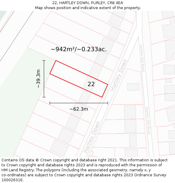 22, HARTLEY DOWN, PURLEY, CR8 4EA: Plot and title map