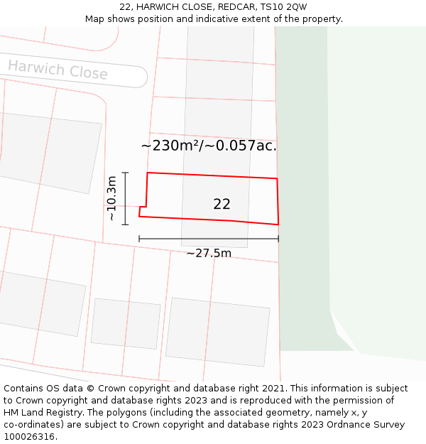 22, HARWICH CLOSE, REDCAR, TS10 2QW: Plot and title map