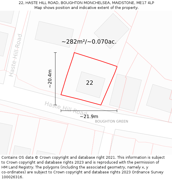 22, HASTE HILL ROAD, BOUGHTON MONCHELSEA, MAIDSTONE, ME17 4LP: Plot and title map