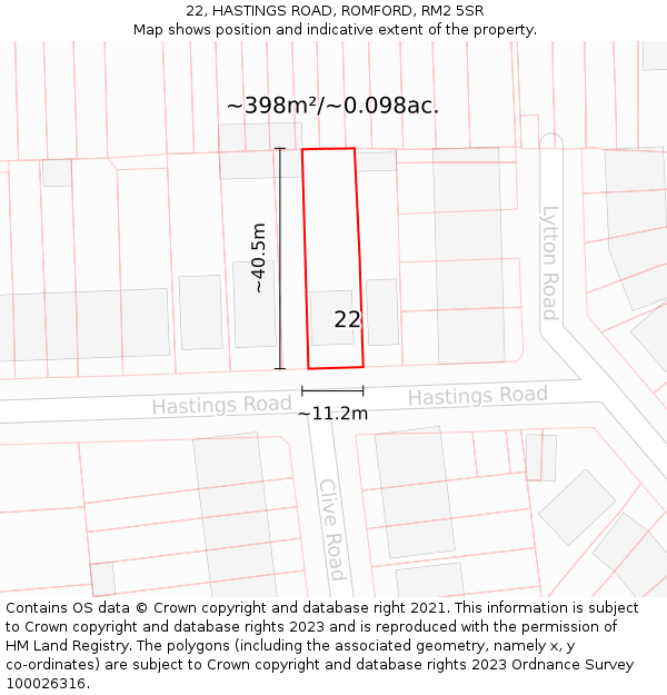 22, HASTINGS ROAD, ROMFORD, RM2 5SR: Plot and title map