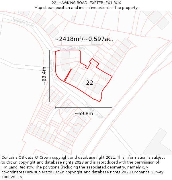 22, HAWKINS ROAD, EXETER, EX1 3UX: Plot and title map