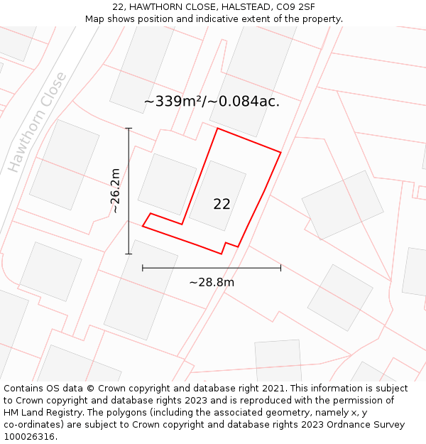 22, HAWTHORN CLOSE, HALSTEAD, CO9 2SF: Plot and title map