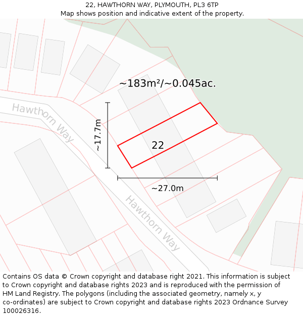 22, HAWTHORN WAY, PLYMOUTH, PL3 6TP: Plot and title map