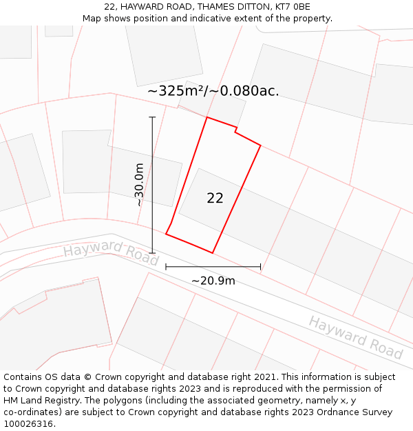 22, HAYWARD ROAD, THAMES DITTON, KT7 0BE: Plot and title map