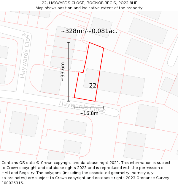 22, HAYWARDS CLOSE, BOGNOR REGIS, PO22 8HF: Plot and title map