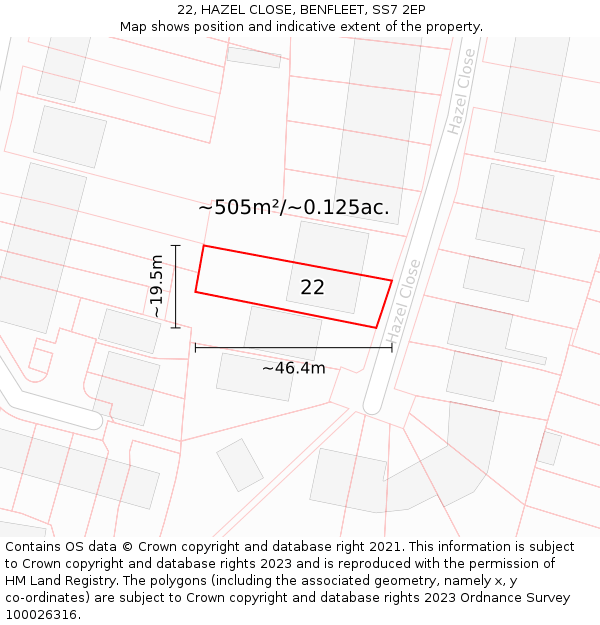 22, HAZEL CLOSE, BENFLEET, SS7 2EP: Plot and title map