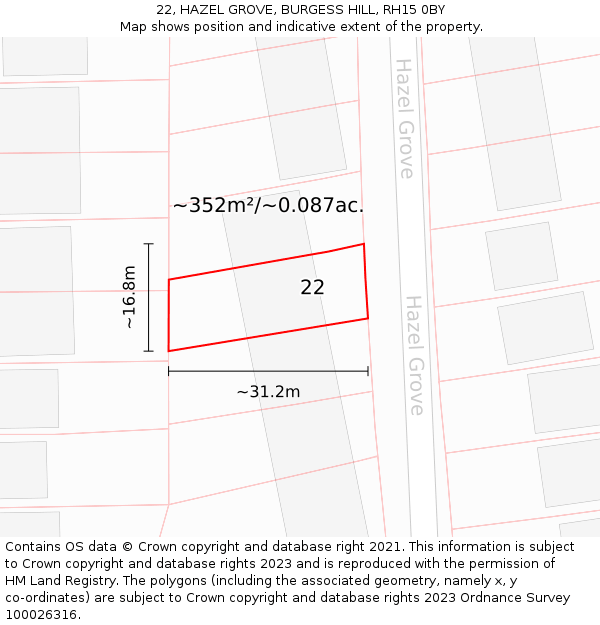 22, HAZEL GROVE, BURGESS HILL, RH15 0BY: Plot and title map