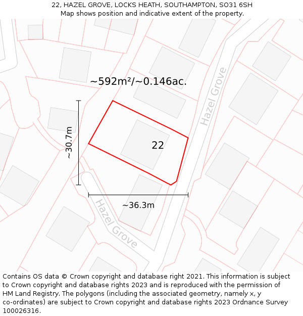 22, HAZEL GROVE, LOCKS HEATH, SOUTHAMPTON, SO31 6SH: Plot and title map