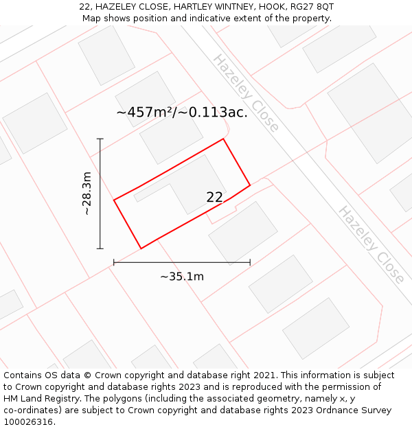 22, HAZELEY CLOSE, HARTLEY WINTNEY, HOOK, RG27 8QT: Plot and title map