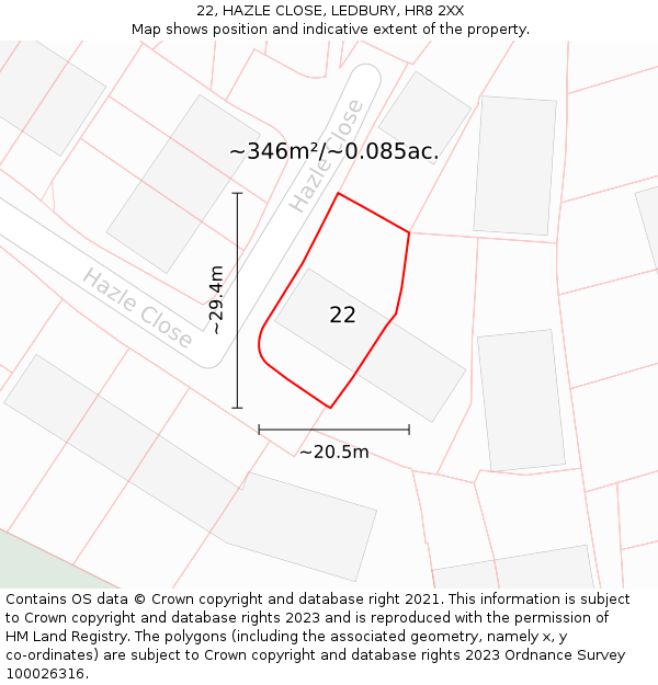 22, HAZLE CLOSE, LEDBURY, HR8 2XX: Plot and title map