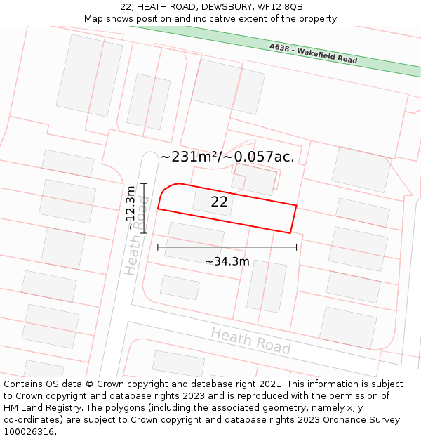 22, HEATH ROAD, DEWSBURY, WF12 8QB: Plot and title map