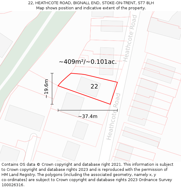 22, HEATHCOTE ROAD, BIGNALL END, STOKE-ON-TRENT, ST7 8LH: Plot and title map