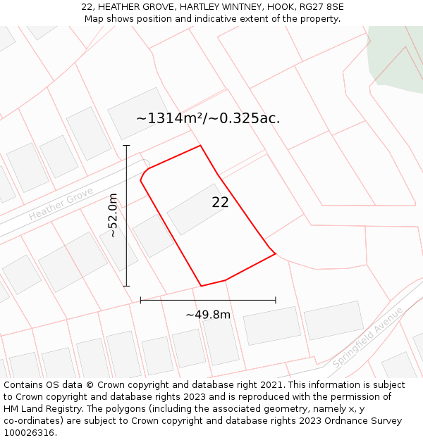22, HEATHER GROVE, HARTLEY WINTNEY, HOOK, RG27 8SE: Plot and title map
