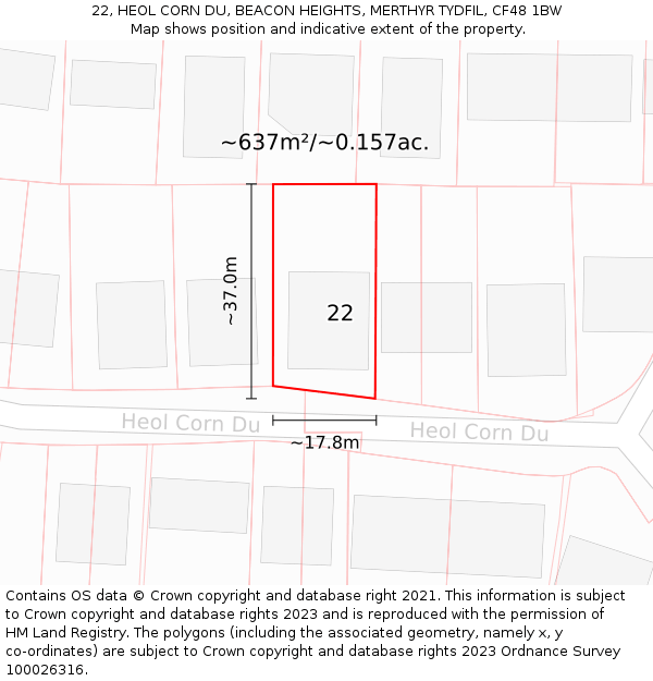 22, HEOL CORN DU, BEACON HEIGHTS, MERTHYR TYDFIL, CF48 1BW: Plot and title map