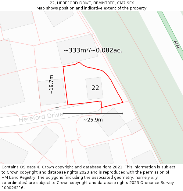 22, HEREFORD DRIVE, BRAINTREE, CM7 9FX: Plot and title map