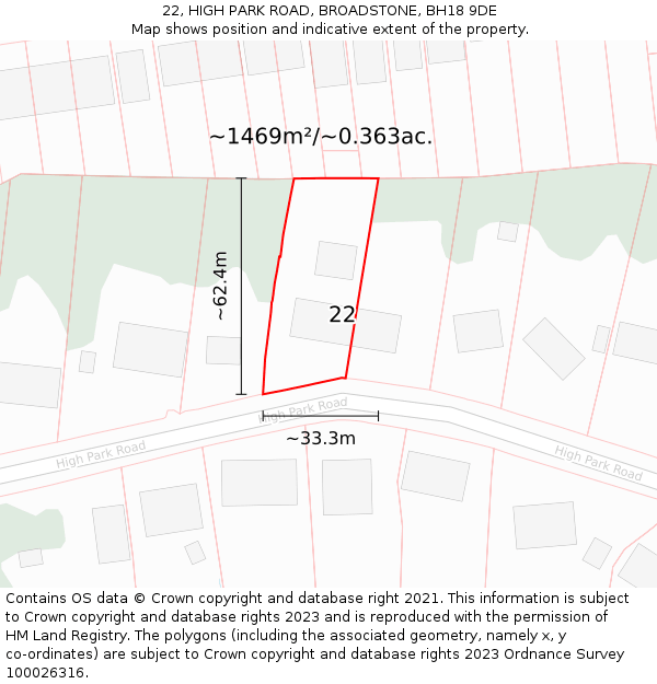 22, HIGH PARK ROAD, BROADSTONE, BH18 9DE: Plot and title map