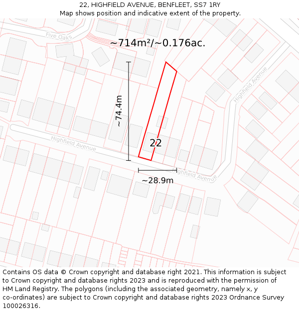 22, HIGHFIELD AVENUE, BENFLEET, SS7 1RY: Plot and title map