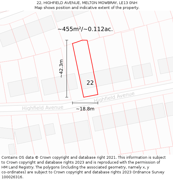 22, HIGHFIELD AVENUE, MELTON MOWBRAY, LE13 0NH: Plot and title map