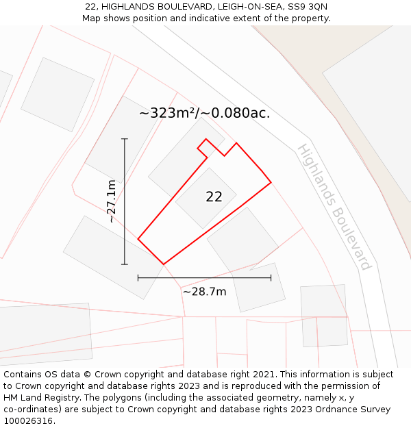 22, HIGHLANDS BOULEVARD, LEIGH-ON-SEA, SS9 3QN: Plot and title map