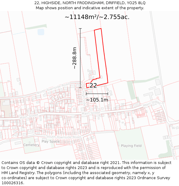 22, HIGHSIDE, NORTH FRODINGHAM, DRIFFIELD, YO25 8LQ: Plot and title map